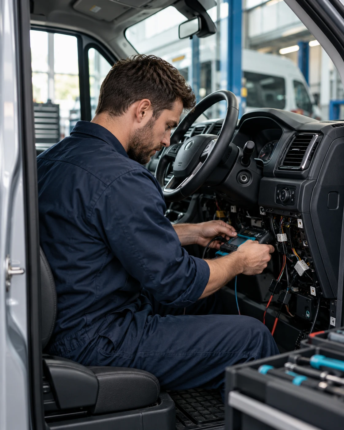 AI-generated illustrative image of a technician working inside a vehicle
